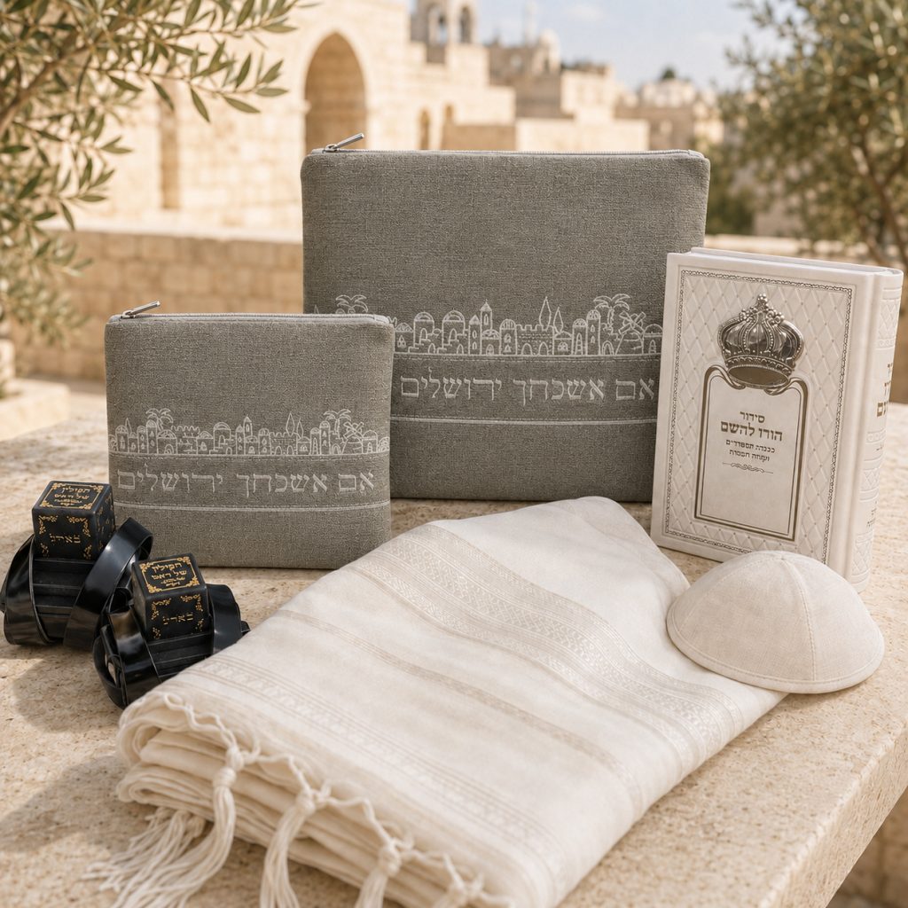 סט בר מצווה אפור ולבן עם רקמת ירושלים